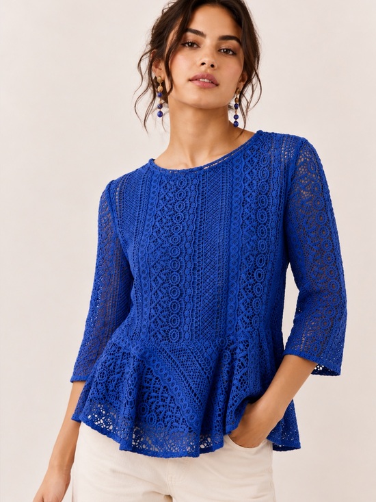 Anthropologie Tops - Anthropologie Blue Tassel Crochet Peplum Blouse in Royal Blue NWOT